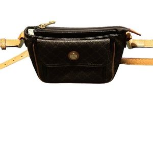 Rioni mini crossbody bag in mercanized canvas w/leather accents and strap. GUC